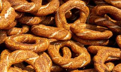 Closeup view of simit (circular bread), a popular street food among tourists and residents in Turkey