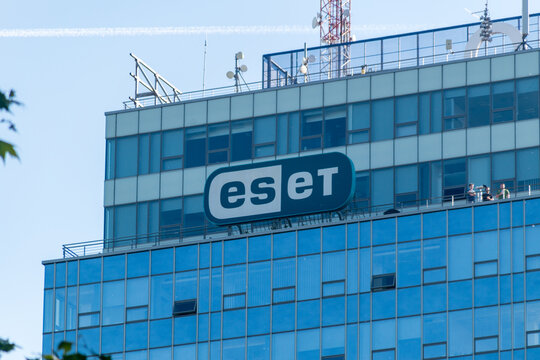 Bratislava, Slovakia - May 31, 2022: Logo of ESET on the roof of building in Bratislava.