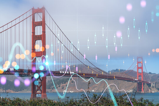 Iconic view of the Golden Gate Bridge from South side, day time, San Francisco, California, United States. Forex graph, charts hologram. Concept of internet trading, brokerage, fundamental analysis - Powered by Adobe