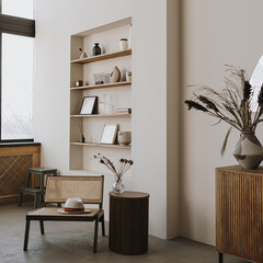 Aesthetic bright sunny elegant home living room interior design with comfortable lounge rattan...