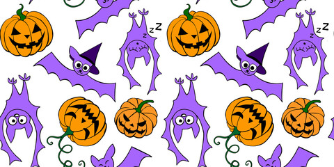 Vector seamless pattern with pumpkins, Jack o lantern, witch shifters and cute bats. Color bright Halloween texture in cartoon, flat, doodle style
