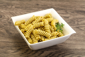 Italian pasta Fusilli with pesto