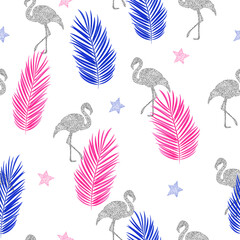 Tropical seamless pattern with flamingo, stars and palm leaves. Prints, packaging, textiles, bedding and wallpaper.