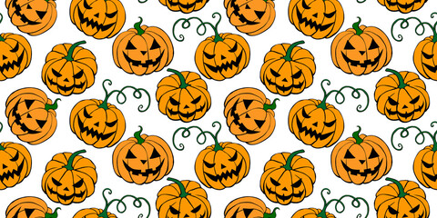 Vector Seamless pattern with pumpkins, Jack o Lantern. Halloween backgrounds and textures in flat doodle style, isolated