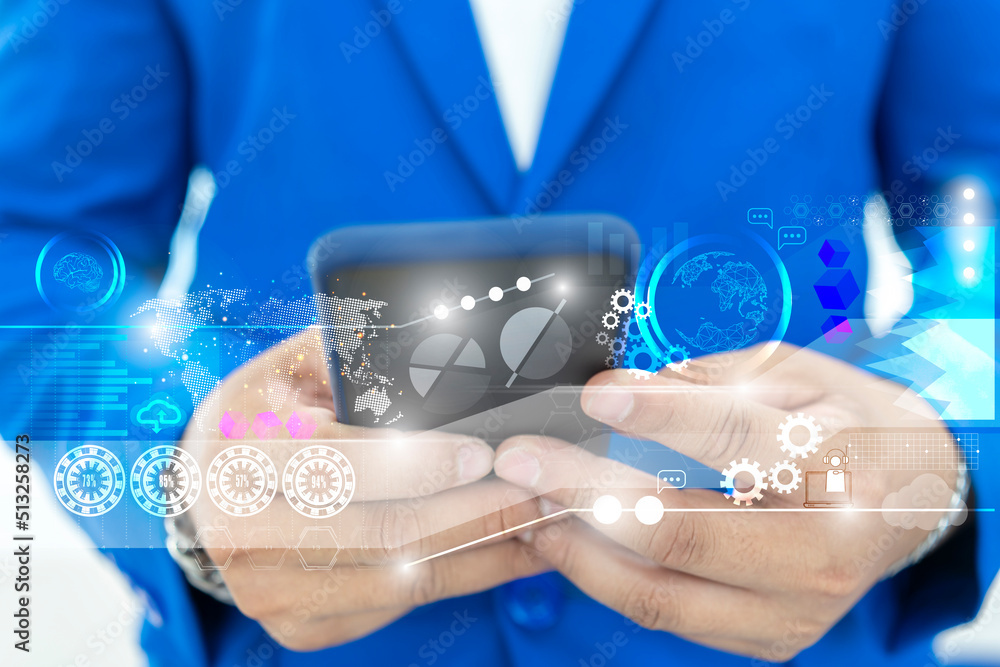 Poster businessman using mobile smart phone. business global internet connection application technology and