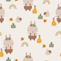 Seamless childish pattern with bunnyes, rainbow and pumpkins. Creative childish urban texture for fabric, wrapping, textile, wallpaper, clothing. Vector illustration.