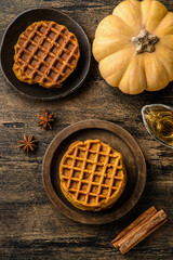 pumpkin waffles on a dark wooden background