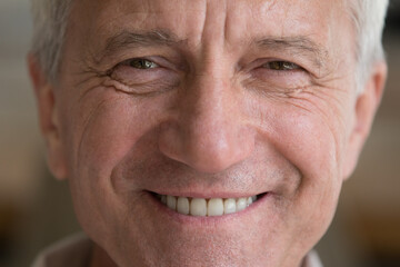 Optimistic healthy older man close up cropped face view. Portrait of smiling mature senior smiling...