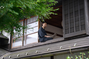 People doing remote etc. in rural Japan Window wide angle