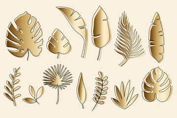 Vector hand drawn set of golden tropical leaves. Clipart set. Banana leaves, monstera, branches, leaves.