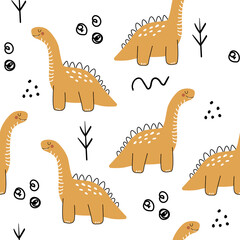 Seamless pattern with dinosaur in doodle style. Dinosaurs, trees, dots and doodles. Fashionable children's wallpaper. Modern design. Hand drawn vector. On a white background.