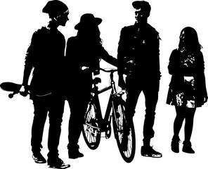 Obraz na płótnie Canvas silhouette of young people group walking with cycle