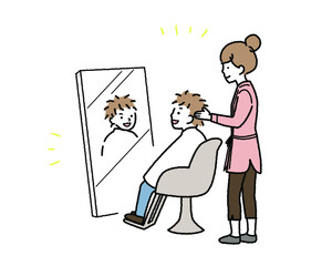 初めて美容院にきた男の子と優しい美容師さん　カラーバージョン