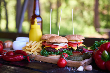 cheeseburgers served with French fries and vegetables on a wooden table on picnic table outdoors
