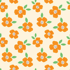 Seamless Pattern with Hand Drawn Flower Art Design on Light Yellow Background