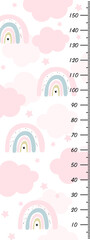 Cute stadiometer with rainbow clouds and stars on a white background. Check your baby's height. For children's wall decor, wallpaper.