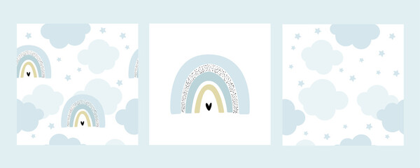 Set of posters with a rainbow, clouds and stars on a white background. Hand drawn in doodle style. For decoration in a children's room, on the wall, wallpaper, textiles, prints for baby clothes.