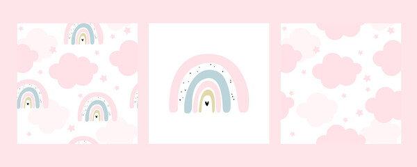 Set of cute seamless posters with rainbow, clouds and stars. Vector hand drawn in doodle style. For wall decor, baby wallpaper, baby clothes print, textile.