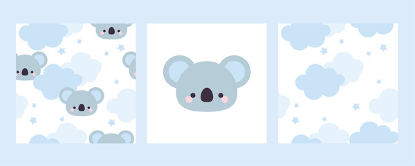 Vector hand drawn cute koala poster set. Kawaii animals. Seamless pattern with koala and clouds. For decoration in a children's room, wallpaper, textiles, baby clothes. © YUSI_DESIGN