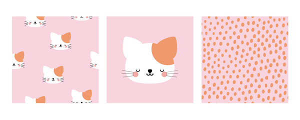 Set of kawaii cat posters, kitty pattern, seamless dots pattern. Prints for children's wallpapers, baby clothes, textiles.