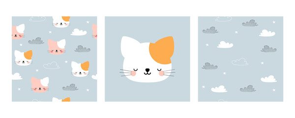 Set of cute posters. Pattern with cats, clouds and stars. Print for baby clothes, wallpapers, textiles.