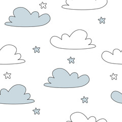 Vector hand drawn seamless pattern with clouds and stars in doodle style. Seamless wallpaper on a white background. Modern children's print for clothes, textiles.