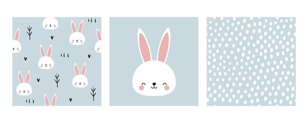 Set of posters with cute bunny. Seamless pattern with hares, hearts and trees. Pattern with hand-drawn dots in doodle style.