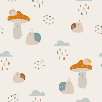 Seamless Pattern With Hand Drawn Colourful Mushrooms And Snail. Autumn Cute Digital Paper. Creative Childish Pattern. Vector Illustration.