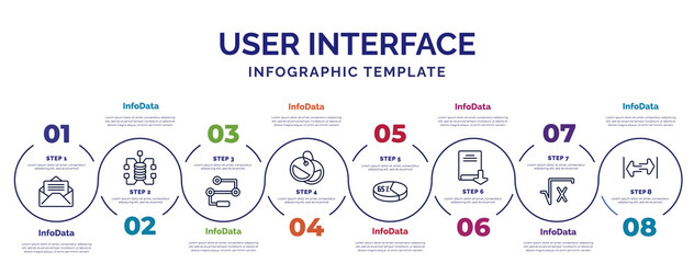 infographic template with icons and 8 options or steps. infographic for user interface concept. included open mail, flow chart interface, labels, percentage chart, download ebook, square root, width