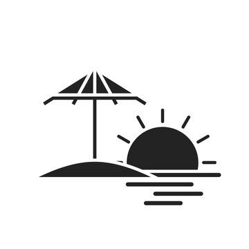 sea resort icon. beach umbrella and sunset. sea vacation symbol. vector image for tourism design