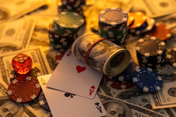 poker chips and money, dollars.