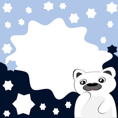 Cute dog head on a blue background and stars. Vector illustration as a background.