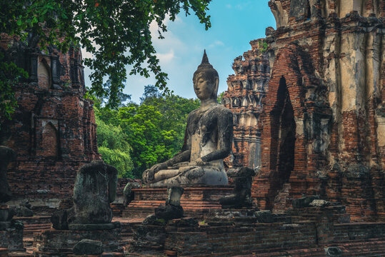 Prang and Buddha statue, Wat Mahathat, Ayutthaya, thailand
