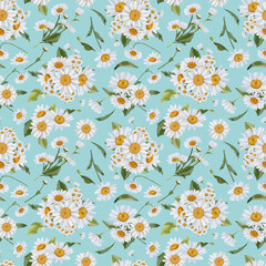 Seamless border with watercolor daisies. Hand drawn botanical drawing. Floral seamless border for fabric, paper and other print and web projects.