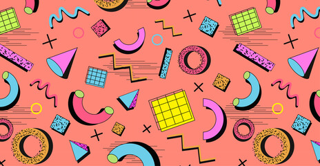 Memphis background, 80s-90s style patterns. Memphis fashion style. Colorful geometric pattern, different shapes of color style.