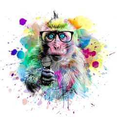 Foto op Plexiglas monkey with microphone and glasses funny color illustration © reznik_val