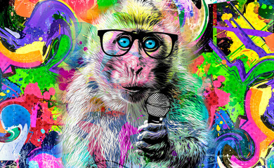 monkey with microphone and glasses funny color illustration - obrazy, fototapety, plakaty