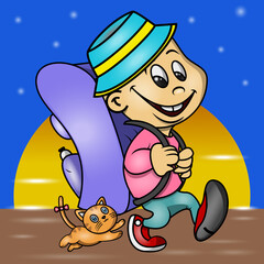 Naklejka premium the adventure of a boy and a cat