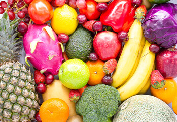Fresh fruits and vegetables.Assorted fruits colorful,clean eating,Fruit background,fruit for good health.