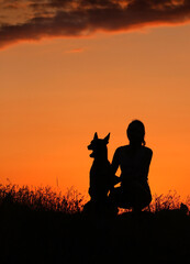 Silhouettes of a girl and a malinois dog sitting together against the backdrop of a beautiful sunset