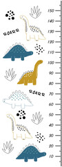 Children's growth chart with hand drawn dinosaurs, bushes and dots in doodle style. Cute vector illustration in scandinavian style. Children's meter wall. Height meter for children's room, wallpaper.