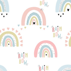 Vector hand-drawn seamless pattern with rainbows, hearts and rainbow lettering on a white background. Children's wallpaper, baby clothes, textiles.