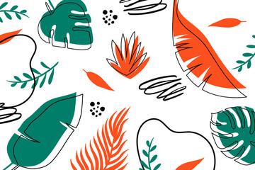 Fototapeta na wymiar Modern colorful banner with tropical leaves. Hand drawn vector. Banana leaves, twigs, monstera, dots and doodles. On a white background. Print for wallpapers, textiles, clothes.