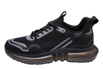 black sneakers, made of mesh fabric, with a modern fashionable sole, on a white background