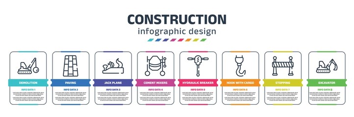 construction infographic design template with demolition, paving, jack plane, cement mixers, hydraulic breaker, hook with cargo, stopping, excavator icons. can be used for web, banner, info graph.