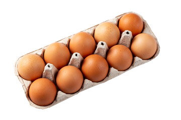 Ten brown eggs in a carton package isolated in white background. File contains clipping path.