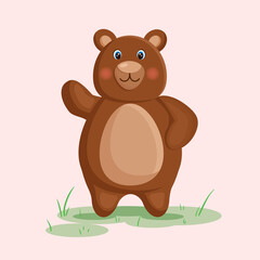 Fototapeta premium Cute brown bear on the green grass. Vector illustration.