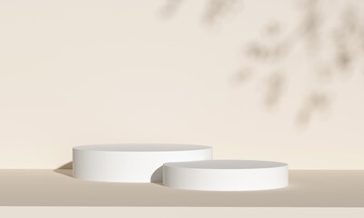 Double minimalist podium with natural light on beige background for product display. Empty podium platform.