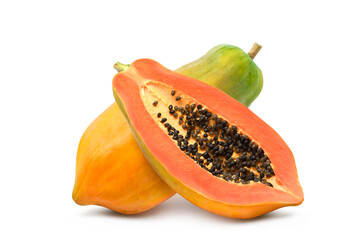 Ripe papaya with cut in half isolated on white background. Clipping path. - obrazy, fototapety, plakaty