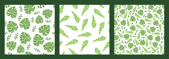 Set of vector designs with leaves. Summer seamless patterns. Template illustration.